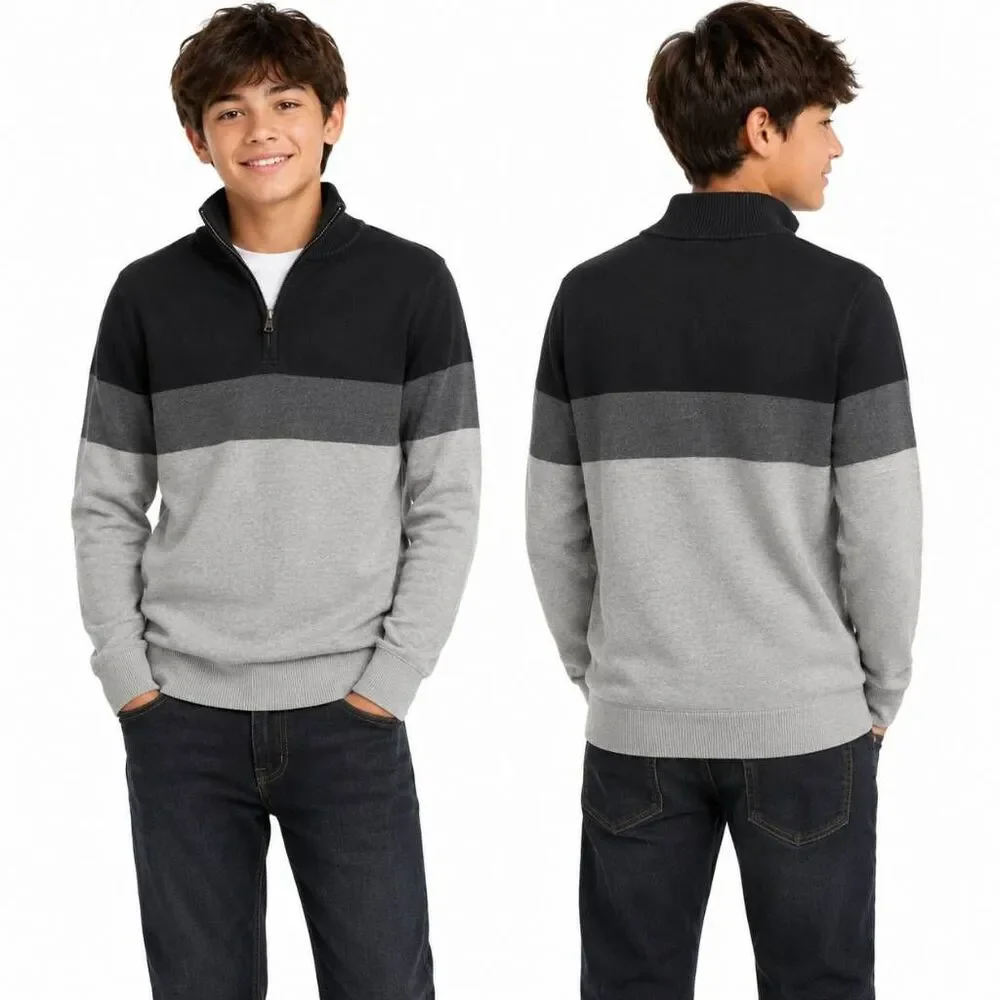 Gap Boys Quarter Zip Colorblock Sweater Medium Gray Black